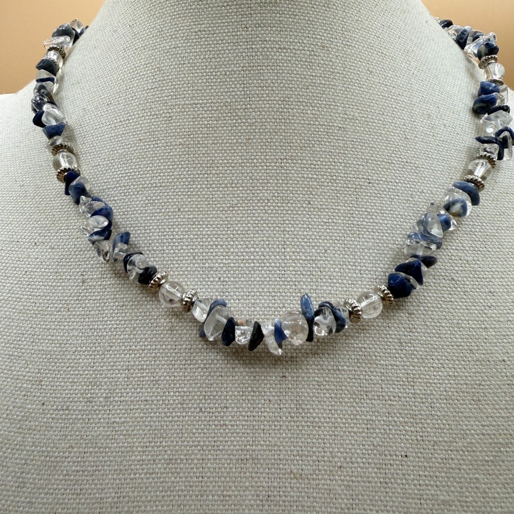 Blue Stone Clear Chip Bead Necklace Silver Tone Boho Layering Statement Gift